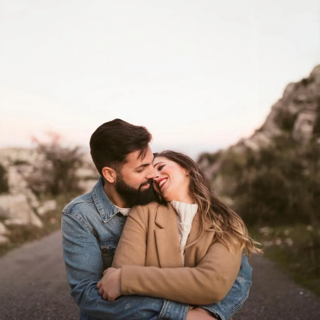 A couple embraces in the mountains, surrounded by stunning peaks and lush greenery, radiating love and joy.