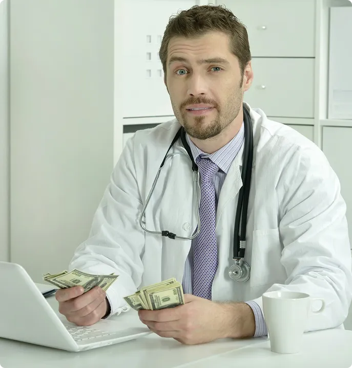 Doctor holding money explaining trt cost
